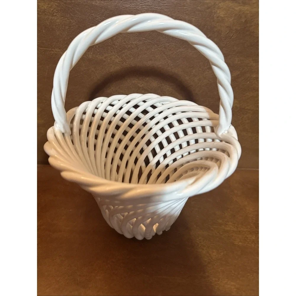 Vintage Ceramic Woven Basket With Handle